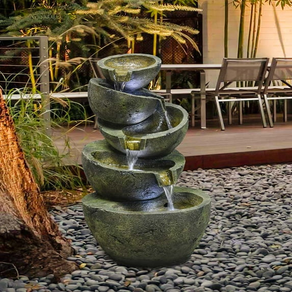 23 1/2” H Outdoor Water Fountain With LED Lights, Modern Cascading 5-Tier Bowls Waterfall Fountain for Decor, Indoor Outdoor 5-Tier Cascading Bowl Zen Fountain for Patios and Gardens with Water Pump