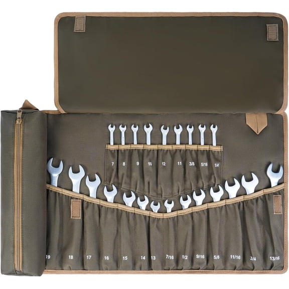 23+1 Pockets Wrench Roll Organizer,Wrench Roll Up Pouch,Heavy Duty Tool Roll for Metric & SAE Wrenches,Large Wrench Holder Organizer Bag for Men,Mechanics,Gifts for Men Dad(Olive Green) NO Tools
