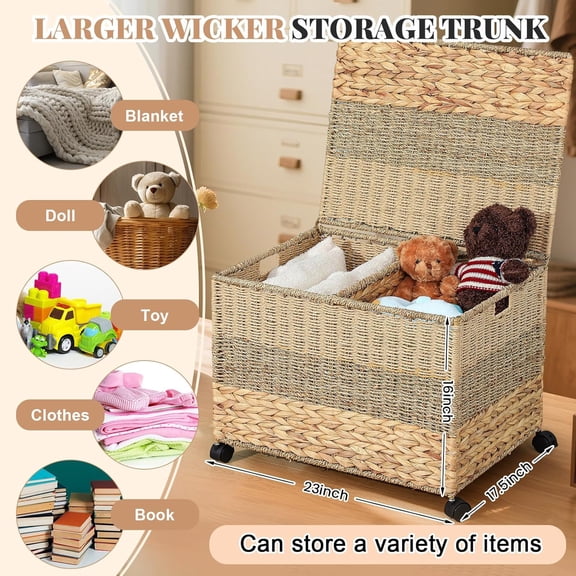2317.516 in Wicker Storage Trunk with Wheels and Lid, Heavy Duty Rolling Wicker Basket for Blankets Large Toy Chest Water Hyacinth Woven Blanket Bin for Bedroom, Laundry Room
