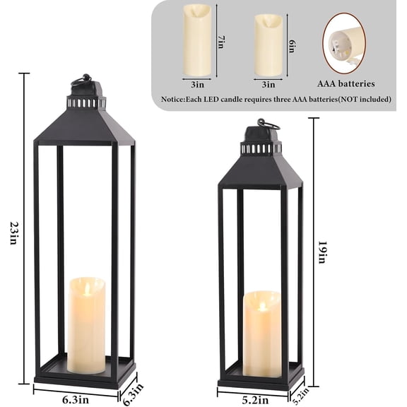 23" 19" Large Lanterns Decorative Outdoor Indoor, Set of 2 Modern Farmhouse Black Floor Lantern with Candles, Halloween, Christmas Lanterns for Fireplace, Mantle, Porch, , Home Decor