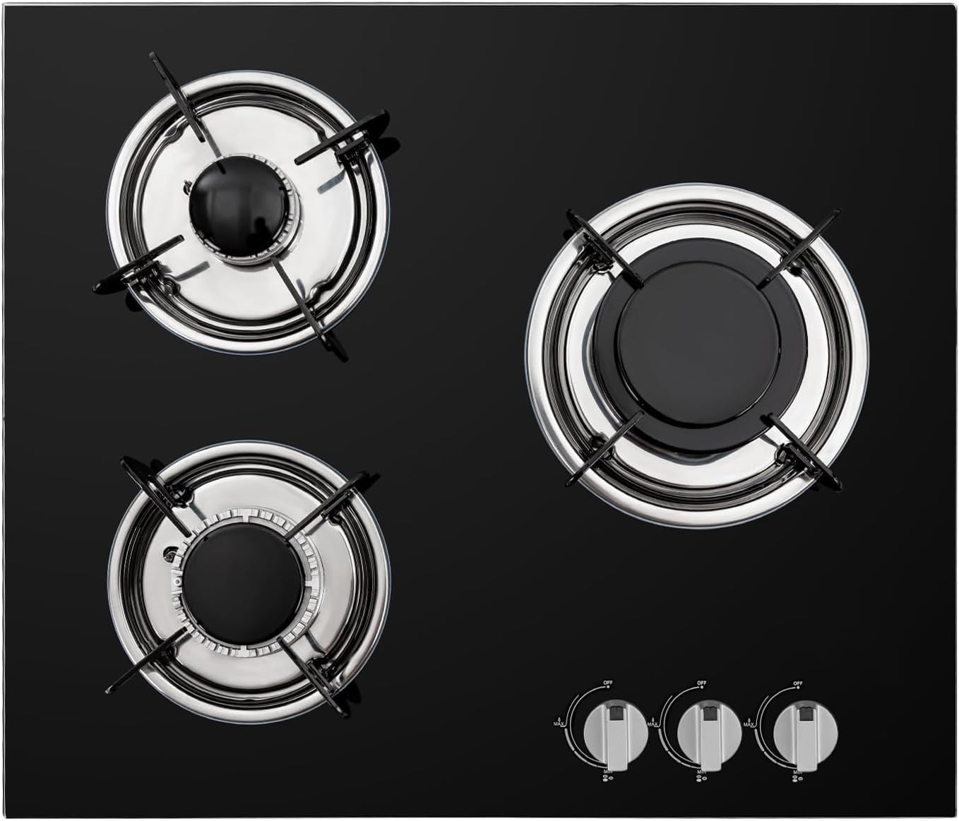 23.2" Built-in Gas Cooktop 3 Burner Stovetop With Thermocouple Protection Portable Countertop Cooker for RV Camper Caravan Outdoor Apartments (Black Tempered Glass)
