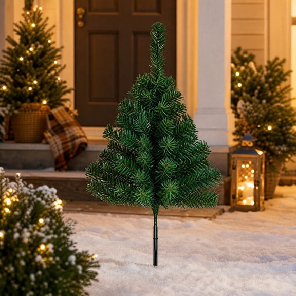 23.2 Inch Pre-Lit Artificial Christmas Tree Yard Stake, Lighted Outdoor Pine Tree with Metal Ground Spike, Holiday Garden Decoration for Pathway Porch Winter Home Decor