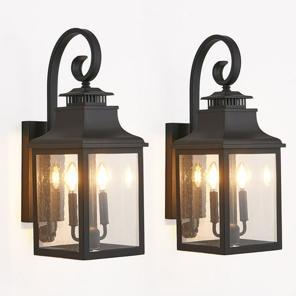 23" 2-Pack Outdoor Wall Lantern Sconces, Vintage Black Metal Exterior Lighting Fixtures with Clear Seeded Glass for Porch, Patio, Garden (Bulbs Not Included)