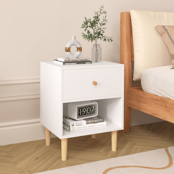 23.22''H Nightstand with Drawer,Wooden Nightstands with Drawer & Open Storage Shelf,Wooden Bedside Table End Table for Bedroom & Small Spaces,White