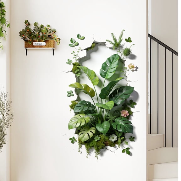 23.23in Tropical Plant Wall Decal for Living Room Study Room Decor, Removable PVC 3D Broken Wall Greenery Wall Sticker for Home Office Accent