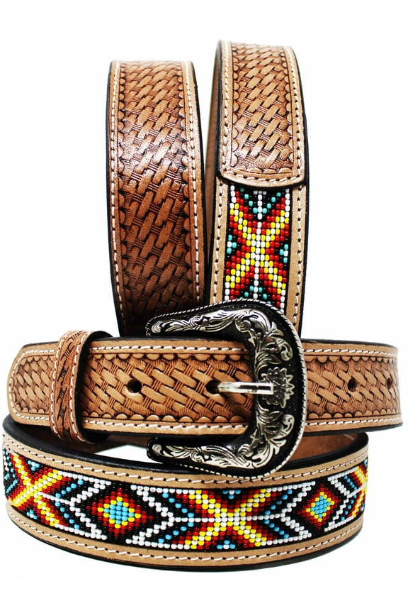 23-24 Kids Child Youth 1-1/4" Wide Western Floral Tooled Purple Beaded Leather Belt 26FK42C