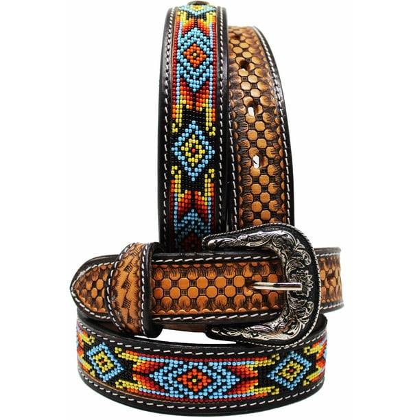 Challenger 23 24 Kids Youth Western Rodeo Floral Tooled Beaded Leather Belt 26RT23C1