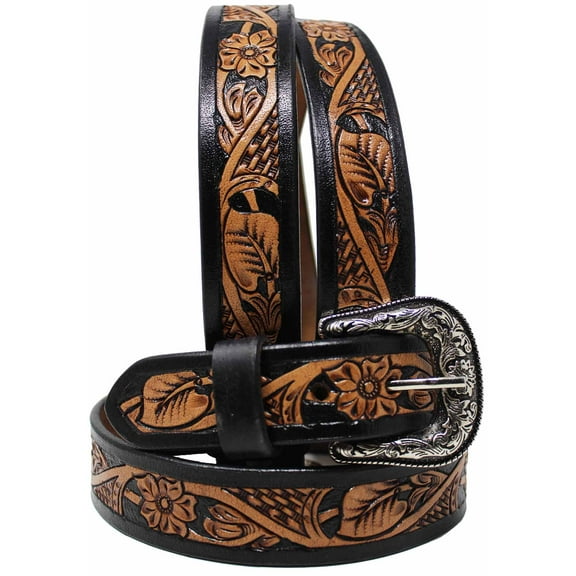 23-24   Western 1 1/4" Wide Kids Youth Rodeo Floral Tooled Leather Belt 26FK28C