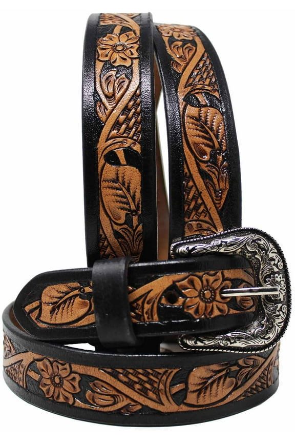 23-24 Western 1 1/4" Wide Kids Youth Rodeo Floral Tooled Leather Belt 26FK28C