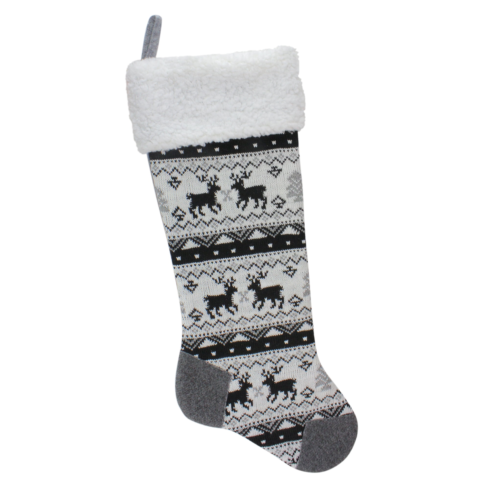 23.25" Black Gray and White Rustic Lodge Knit Christmas Stocking with Sherpa Cuff