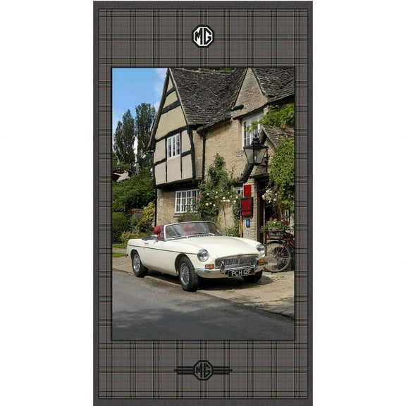 23.25" X 44" Panel MG British Motor Car House Classic Car Scene on Taupe Plaid Cotton Fabric Panel (DDC9148-TAUP-D)