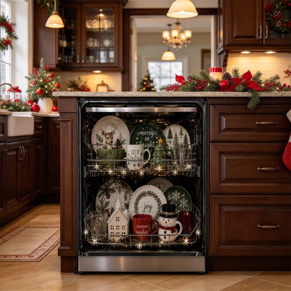 23*26IN Christmas Dishwasher Cover, Magnetic Holiday Door Panel, Printed Seasonal Artwork to Refresh a Compatible Appliance Front, Polyester Decorative Fabric for a Coordinated Kitchen Display