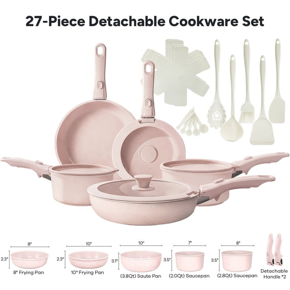 23/27Pcs Nonstick Cookware Set with Removable Handles, Non Toxic Induction Pots & Pans, Oven & Dishwasher Safe, Beige, Ideal Christmas Gift