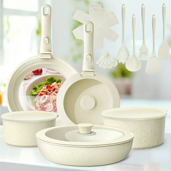 23/27pcs Nonstick Cookware Set, Non-Toxic Induction Pots & Pans with Removable Handles, Oven & Dishwasher Safe, Beige, Ideal Christmas Gift