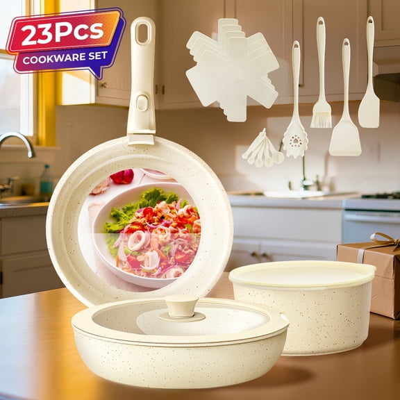23/27pcs Nonstick Cookware Set, Non-Toxic Induction Pots & Pans with Removable Handles, Oven & Dishwasher Safe, Beige, Ideal Christmas Gift