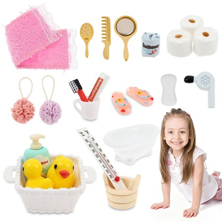 23/29Pcs Dollhouse Furniture Set with Toilet House Bathroom Mop Mini Paper Roll Toothbrush Water Cup Soap Bucket Towel Wooden House Dollhouse Accessories