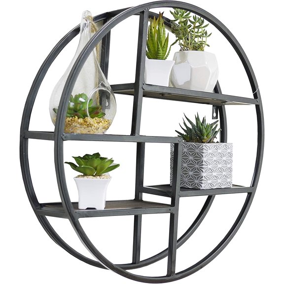 , 23" Mounted Iron Circle Hanging Storage Shelving Floating Shelf 3 Tier Floating Circular Wall Decor Round Decorative Hanging Shelves, Sphere Shape Wall Shelf For Home, Black, 1 unit