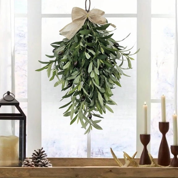23.4 Inch Summer Olive Branch Teardrop Swag, Extra Full Thick Faux Greenery with Upgraded Ribbon & Textured Leaves, Rustic Farmhouse Hanging Wreath for Front Door, Wedding Arch, Kitchen Home Decor