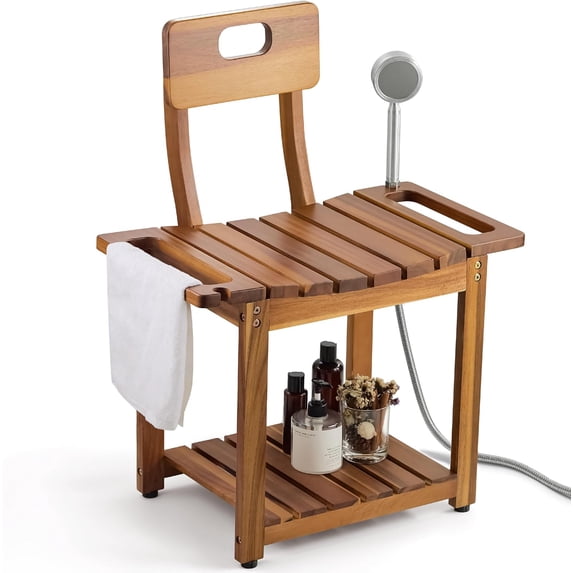 Heavy Duty 23.4 Inch Shower Chair with Backrest Acacia Color Non-Slip Support
