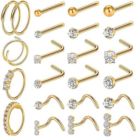 23-40 Pcs Gold Nose Rings & Studs - 18G & 20G Nose Piercing Jewelry - L Shape, Hoop & Screw Body Jewelry for Women & Men