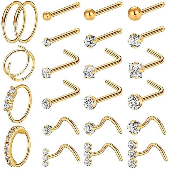 23-40 Pcs Gold Nose Rings & Studs - 18G & 20G Nose Piercing Jewelry - L Shape, Hoop & Screw Body Jewelry for Women & Men