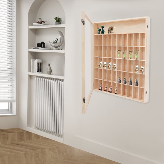 23.46 x 24.65 Inch Wall Mount Wooden Display Case, 6-Tier 50 Compartments Collectible Shadow Box with Clear Dustproof Door, Mini Figure & Action Figure Storage Cabinet for Mini Dolls