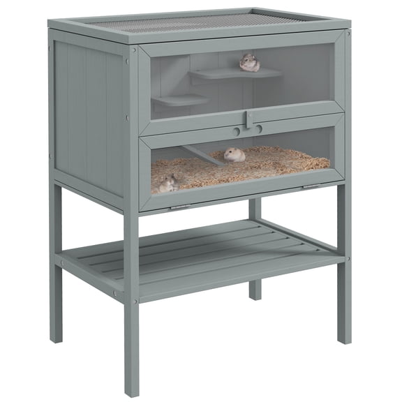 23.5" 3-Tier Wooden Hamster Cage with Storage Shelf, Gray Small Animal Hutch for Mice & Gerbils