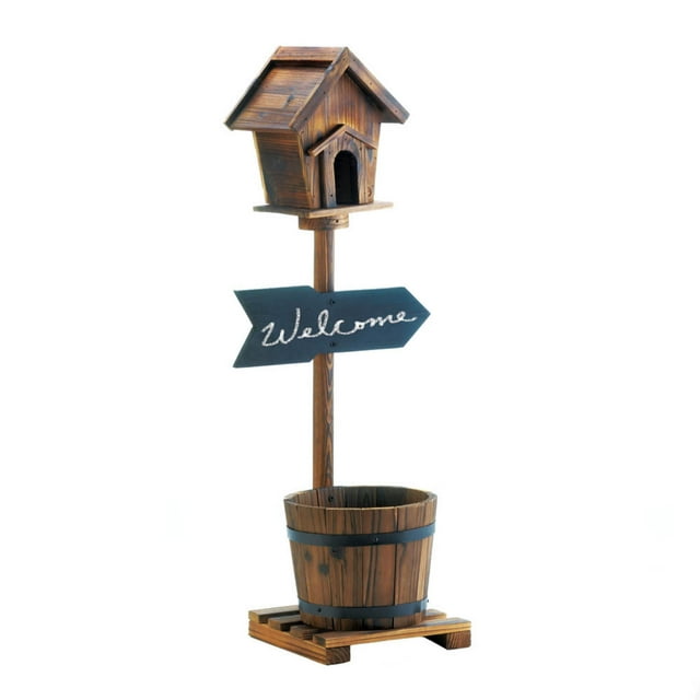 Zingz & Thingz Wooden Welcome Birdhouse Rustic Barrel Planter in Brown