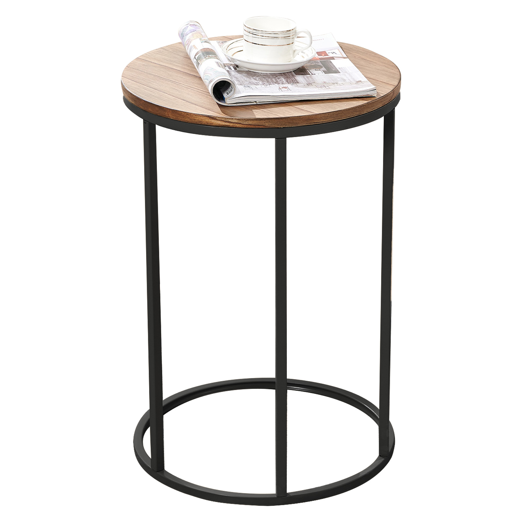 23.5" H CShaped Round Sofa End Table with Metal Frame, Black/Oak