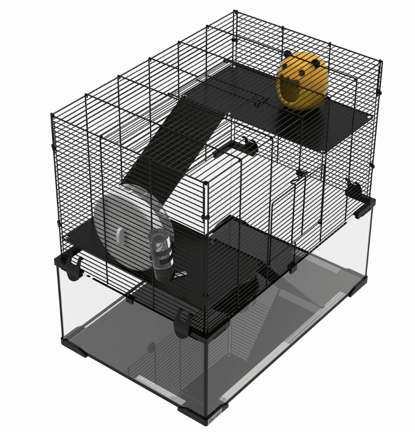 23.5" Hamster Cage, Gerbil Cage with Glass Basin, Multi-Level Small Animal Habitat for Syrian Hamsters, Rats & Gerbils - Black