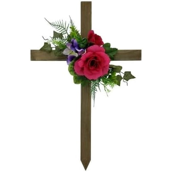 23.5-Inch Outdoor Artificial Cemetery Floral Wood Cross: Fuchsia Rose Memorial Tribute$$Home Decor, Kitchen, & Other