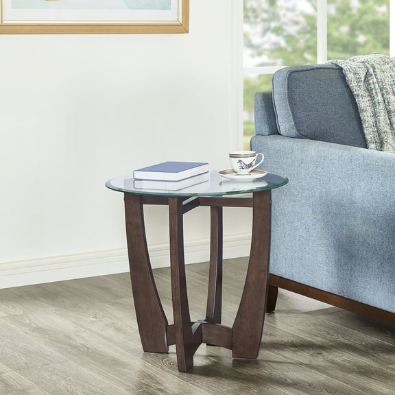 23.5 Inch Round Glass Coffee Table, Cherry Round Coffee Table Center Table with Glass Top, Small Coffee Table for Living Rooms, Offices and Apartments