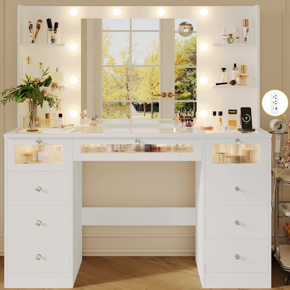 23.5" Lighted White Vanity Desk - Glass Top Makeup Table with Mirror, 9 Drawers, 4 Shelves, 3-Color Hollywood Lights & Power Outlet for Bedroom Dressing