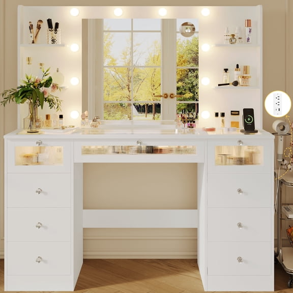 23.5" Lighted White Vanity Desk - Glass Top Makeup Table with Mirror, 9 Drawers, 4 Shelves, 3-Color Hollywood Lights & Power Outlet for Bedroom Dressing