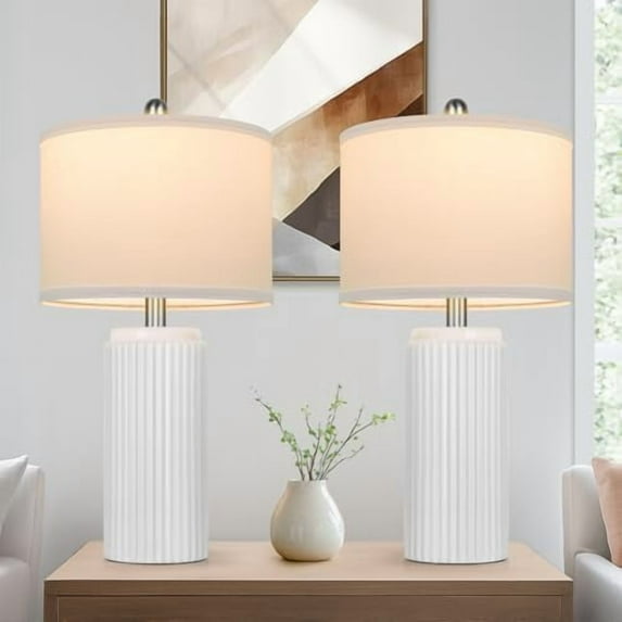 23.5’’ Modern White Ceramic Lamps Set of 2, Living Room Retro Side Table Lamps, Farmhouse Bedside Nightstand White Lamps for Bedroom with Linen Shade, Elegant Decor Lamp Sets for Home Office