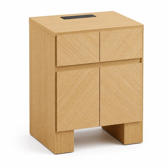 23.5" Tall Modern Nightstand, Wood Bedside Table with Drawer, USB-C Port, Wooden Night Stand End Table for Bedroom, Sofa, Chevron Pattern Design, Stable Legs, Natural Oak