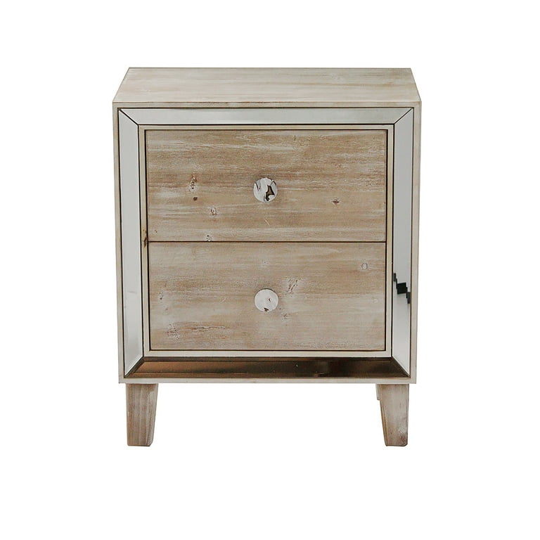 23.5 White Washed Wood Accent Cabinet with 2 Drawers and Antique Mirrored Glass
