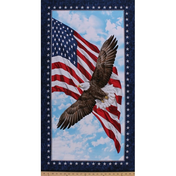 23.5" X 44" Panel Bald Eagle American Flag Old Glory Patriotic Fourth of July Independence Day Red White Blue America Stars & Stripes Cotton Fabric Panel (PANEL-C7448-MULTI)