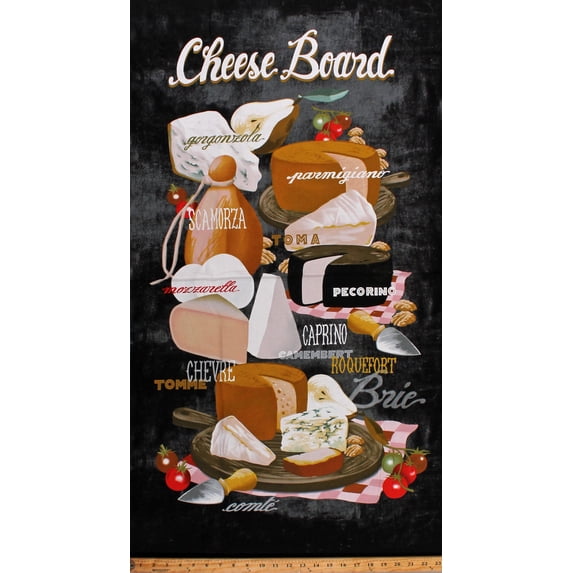 23.5" X 44" Panel Cheese Board Fancy Cheeses Types Food Brie Mozzarella Charcuterie Black Cotton Fabric Panel (10392)