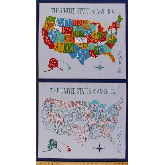 23.5" X 44" Panel Explore America USA State Name Abbreviations States Names Initials School Words American Patriotic Blue Cotton Fabric Panel (AOM-16038-195-BRIGHT)