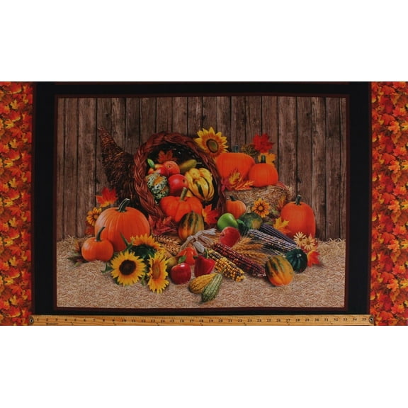 23.5" X 44" Panel Fall Sunflowers Cornucopia Corn on the Cob Pumpkins Squash Thanksgiving Cotton Fabric Panel (612BLACK)