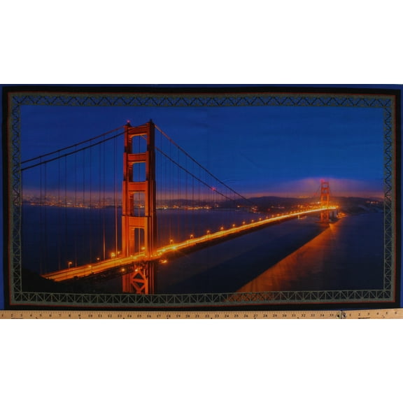 23.5" X 44" Panel Golden Gate Bridge San Francisco Night Skyline Cityscape Landscape Cotton Fabric Panel (1649-26431-X)
