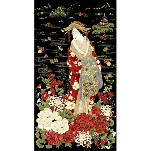 23.5" X 44" Panel Japanese Geisha Woman Asian Imperial Kyoto Garden Black Cotton Fabric Panel (PANEL-CM1664-BLACK)