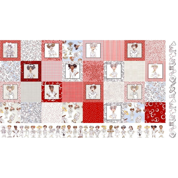 23.5" X 44" Panel Medley Nifty Nurses Panel Nursing Cartoon-Look Women Portraits Medical Supplies Hats Red Cotton Fabric Panel (692-006)