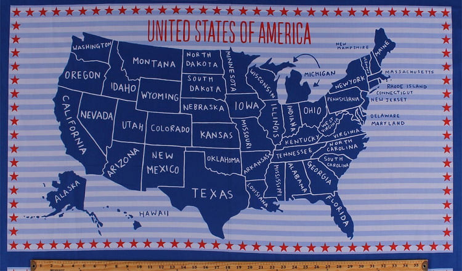 23.5" X 44" Panel United States of America Country Map State Names USA American Patriotic Red White and Blue Fourth of July Independence Day Stars & Stripes Cotton Fabric Panel (41607P)