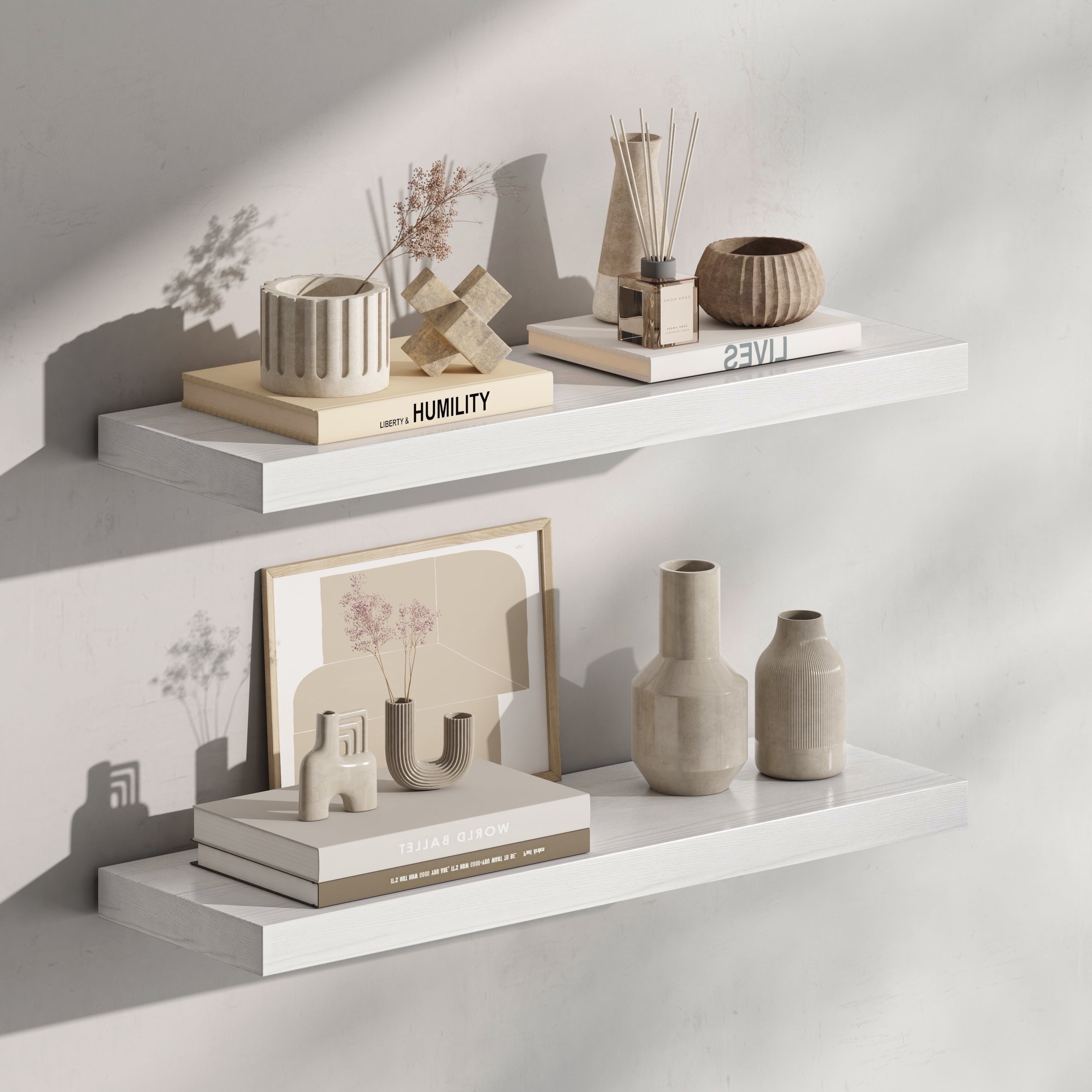 23.5 in Solid Wood Floating Shelves Wall Mounted Shelves, White Wash Color, Set of 2