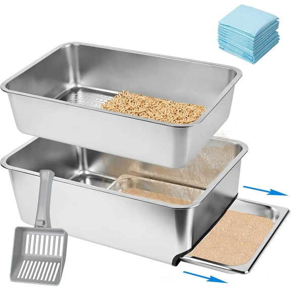 23.5" x 15.7" x 8" Stainless Steel Sifting Litter Box for Pine Pellets, XXL Large Pull-Out Litter Box for Big Cats with High Sides, Metal Litter Pan with Plastic Scoop &10 Pads