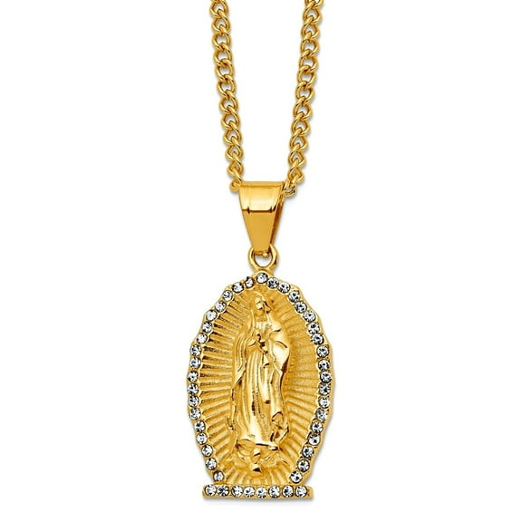 23.5mm Stainless Steel Polished Yellow Ip Plated With Crystal Our Lady Of Guadalupe Pendant a Curb Chain Necklace 24 Inc