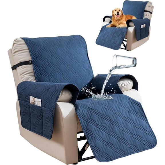 23.6'' 100% Waterproof Recliner Chair Cover, Non Slip Covers for Recliner Chair with Pocket, Washable Reclining Chair/Furniture Protector for Kids, Pets(Navy Blue)