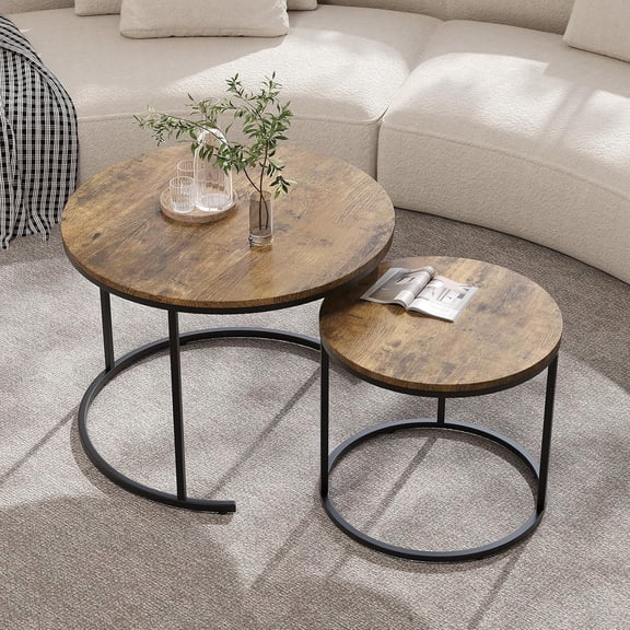 23.6/15.7 Inch Round Nesting Coffee Table Set of 2, Round Coffee Table for Living Room, Space Saving Nesting Tables with Faux Marble Top